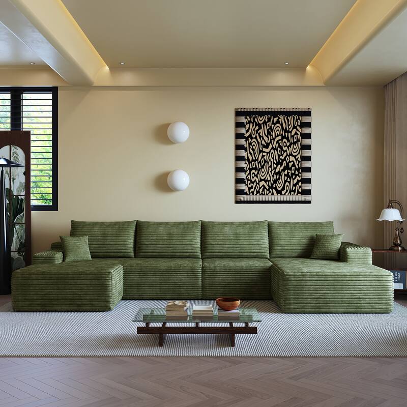 Floor Standing Symmetrical Sectional Sofa with Chaise and Ottoman - Green