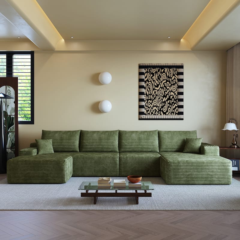 U Shaped Cloud Sectional Sofa with Chaise Lounge & Ottoman, Corduroy Upholstered 5 Seat Sofa, Modular Deep Seat Corner Sofa
