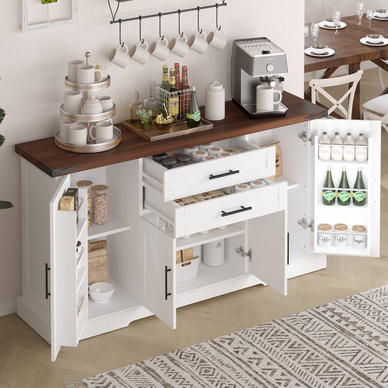 Coffee Bar Cabinet with Barn Doors & Drawers, Sideboard with Adjustable Shelves & Door Rack, Large Kitchen Storage Cabinet