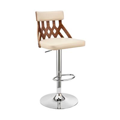 Adjustable Cream Faux Leather and Walnut Lattice Bar Stool - 45" x 19" x 20"