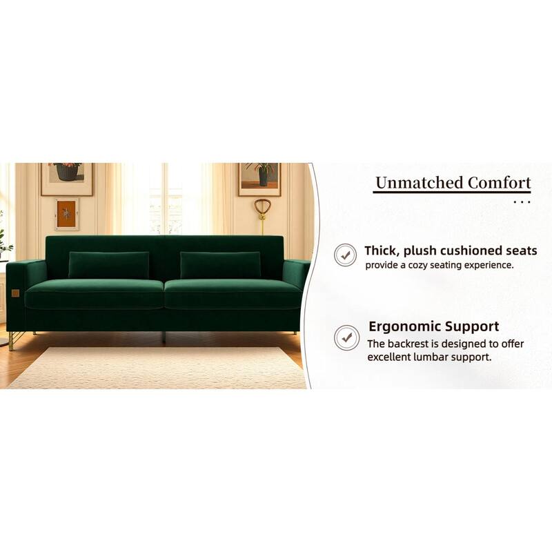 Roomfitters Mid-Century Modern Upholstered Sofa with Gold Metal Legs and Square Arms, Elegant Couch for Living Room