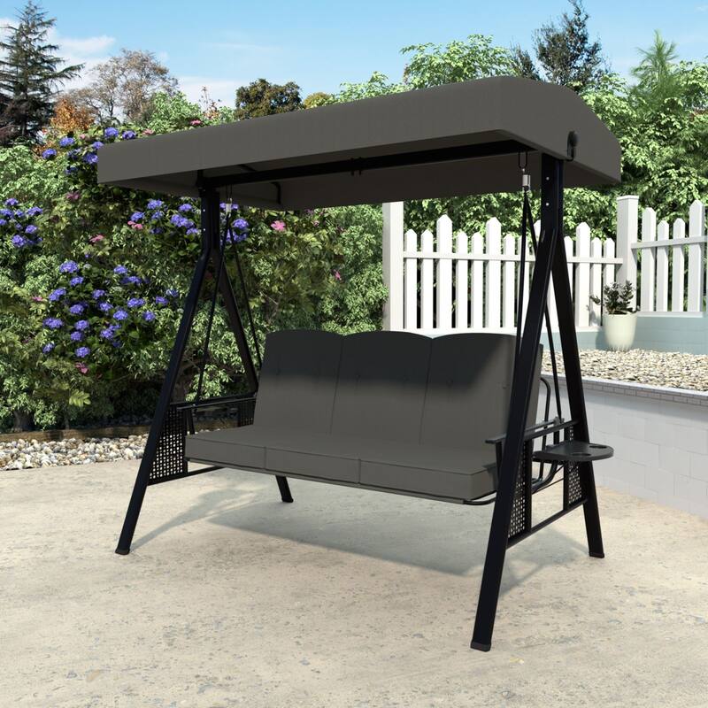 VEIKOUS 3-Seat 2-in-1 Convertible Patio Porch Swing with Adjustable Canopy Swing and Cushion - Grey