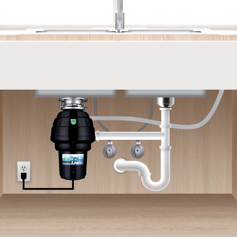 Eco Logic Premium Garbage Disposal with Brushed Nickel Stopper and Flange Kit - Brushed Nickel Sink Flange - 1-1/4 HP