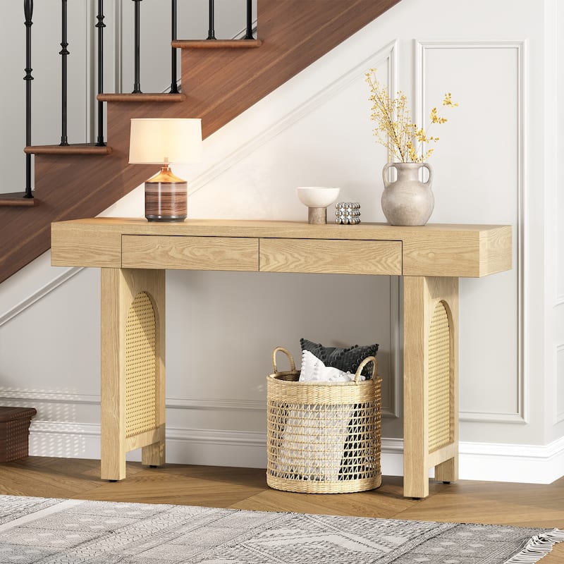 Console Table with Rattan Accent, Entryway Table with Storage Drawers, Sofa Table for Living Room, Entrance, Corridor, Hallway - Natural