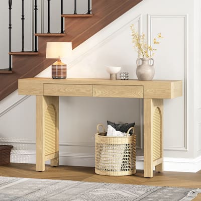 Narrow Console Table with Rattan Accent