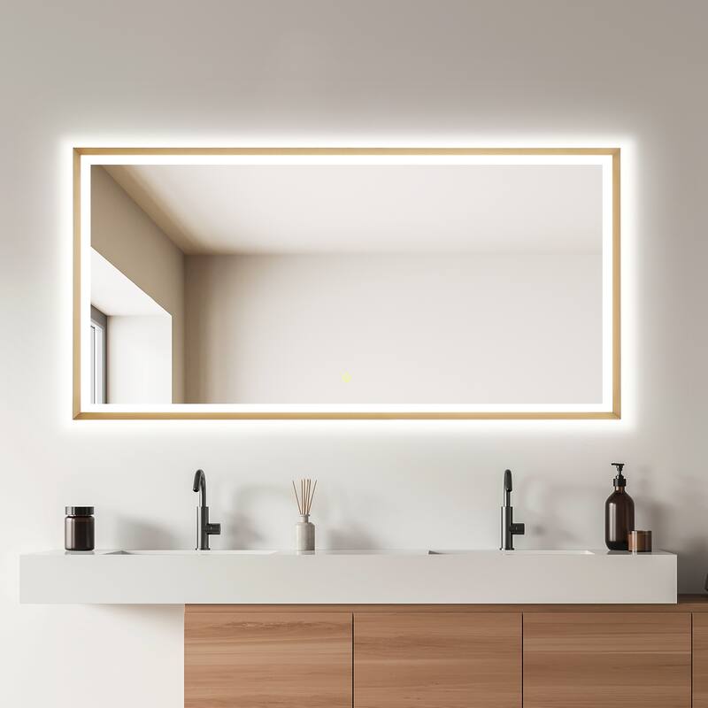 Apollo Rectangular Anti-Fog Dimmable Modern Bathroom/Vanity LED Lighted Wall Mirror in Brushed Gold Aluminum Framed