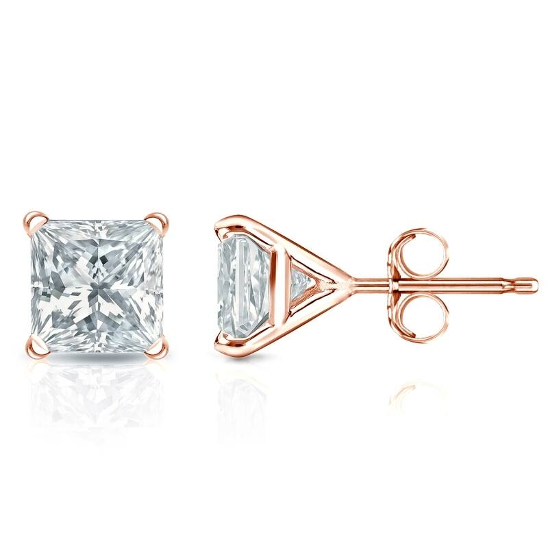 Auriya 14k Gold Lab Grown Princess Diamond Stud Earrings 0.50 to 5.00 ct. tw. 4-Prong Martini Push-Back (F-G VS) - Rose - 3.50 ct. tw.