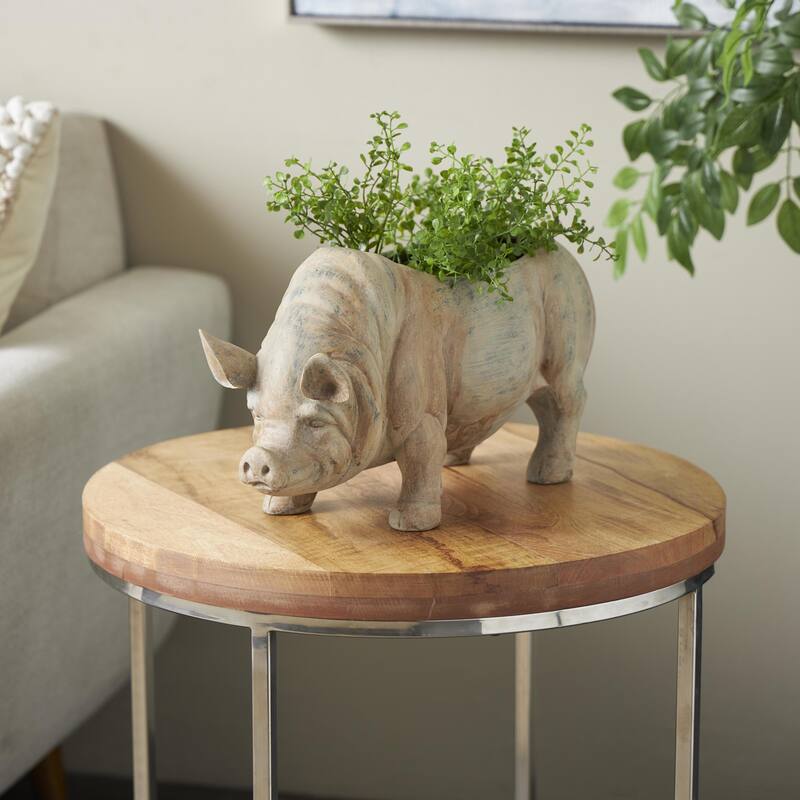 Light Brown Resin Pig Indoor Outdoor Planter with Distressed Details - 7"W x 16"L x 8"H