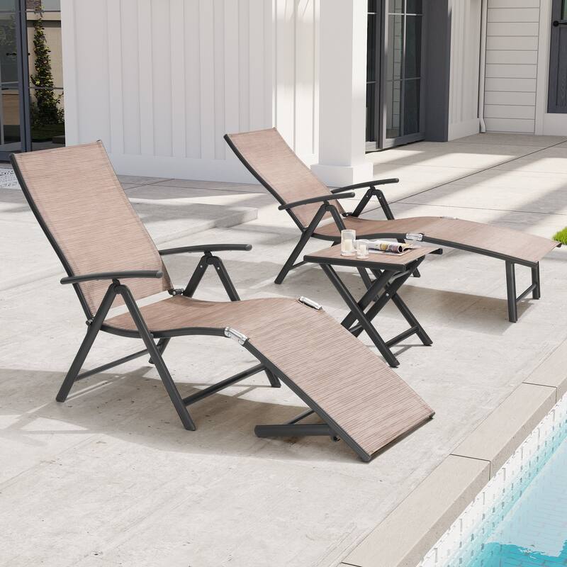 3-Pieces Outdoor Chaise Lounge Set Aluminum Adjustable Foldable Chaise Lounge Chairs and Side Table