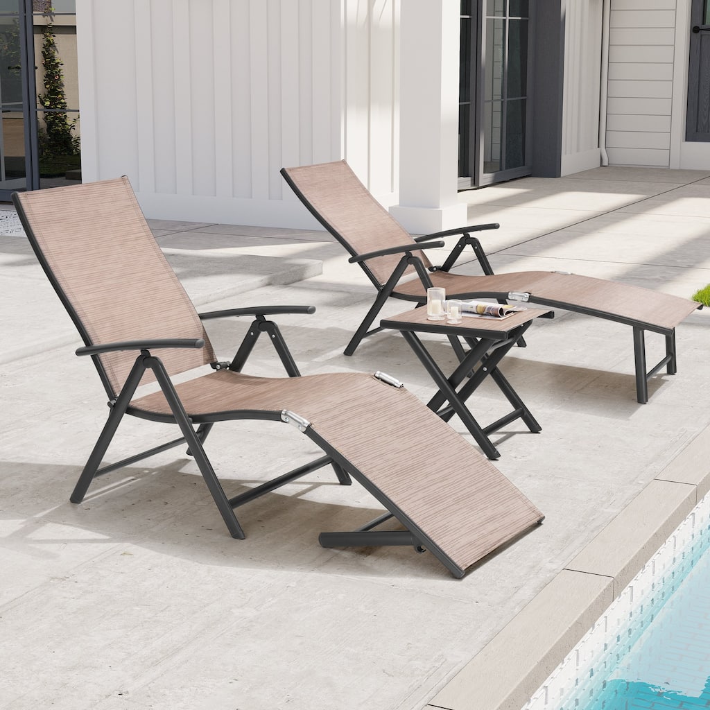 3-Pieces Outdoor Chaise Lounge Set Aluminum Adjustable Foldable Chaise Lounge Chairs and Side Table