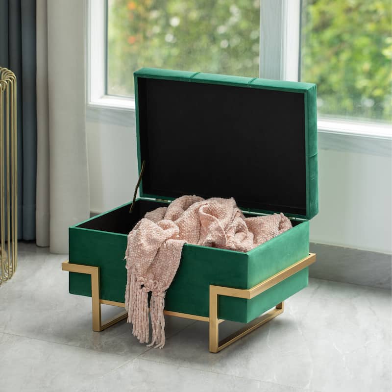 Rectangle Velvet Storage Ottoman Stool Box with Abstract Golden Legs | Decorative Sitting Bench with Unique Base Support