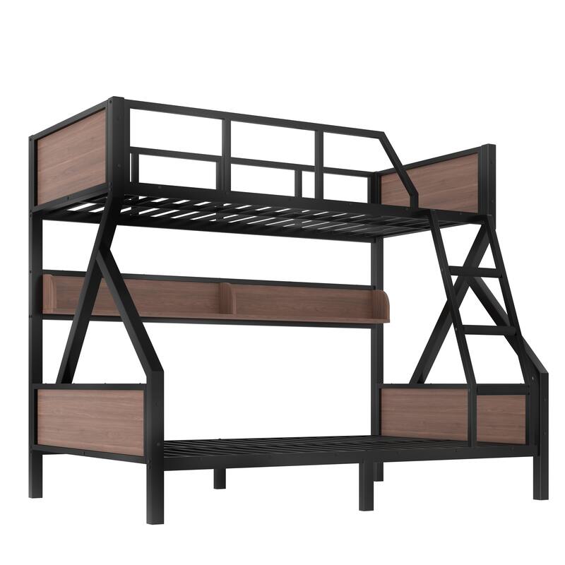 Twin over Full Bunk Bed, Metal Bunk Bed with Storage Shelves and Lights, Space-saving & Noise-free Design, Black