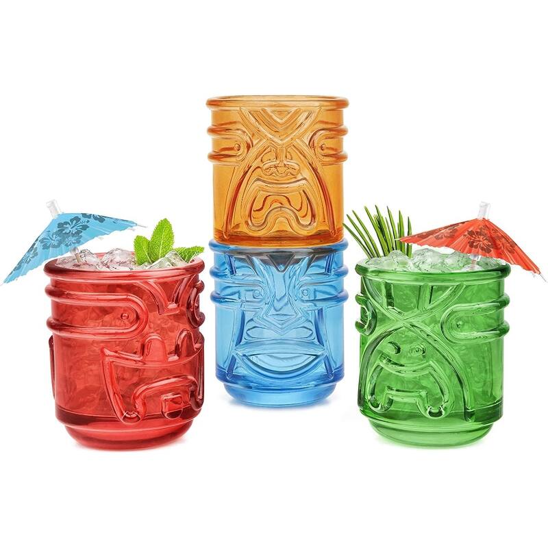 Final Touch Tiki Tumblers Set of 4 Tumblers - 12 Oz - Blue Red Green and Orange