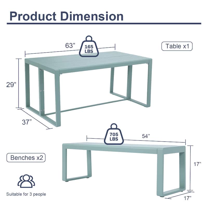 Aoodor 3-Piece Outdoor Patio Dining Set, Aluminum Furniture Set with 1 Rectangular Picnic Table and 2 Benches - N/A