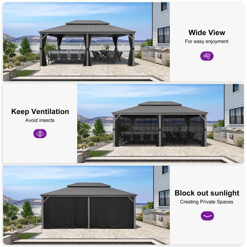 PURPLE LEAF Patio Gazebo for Backyard Hardtop Galvanized Steel Frame with Upgrade Curtain - Light Grey