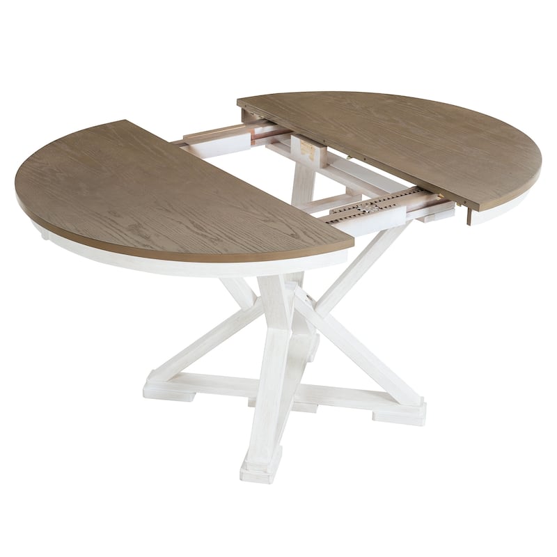 5-Piece Dining Table Set, Extendable Round Table and 4 Upholstered Chairs