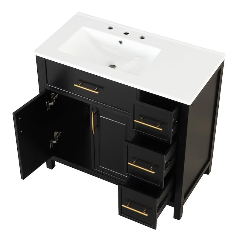 36" Bathroom Vanity with Ceramic Sink, Solid Rubber Wood & MDF Cabinet, 2 Doors, 3 Drawers, Painted Finish