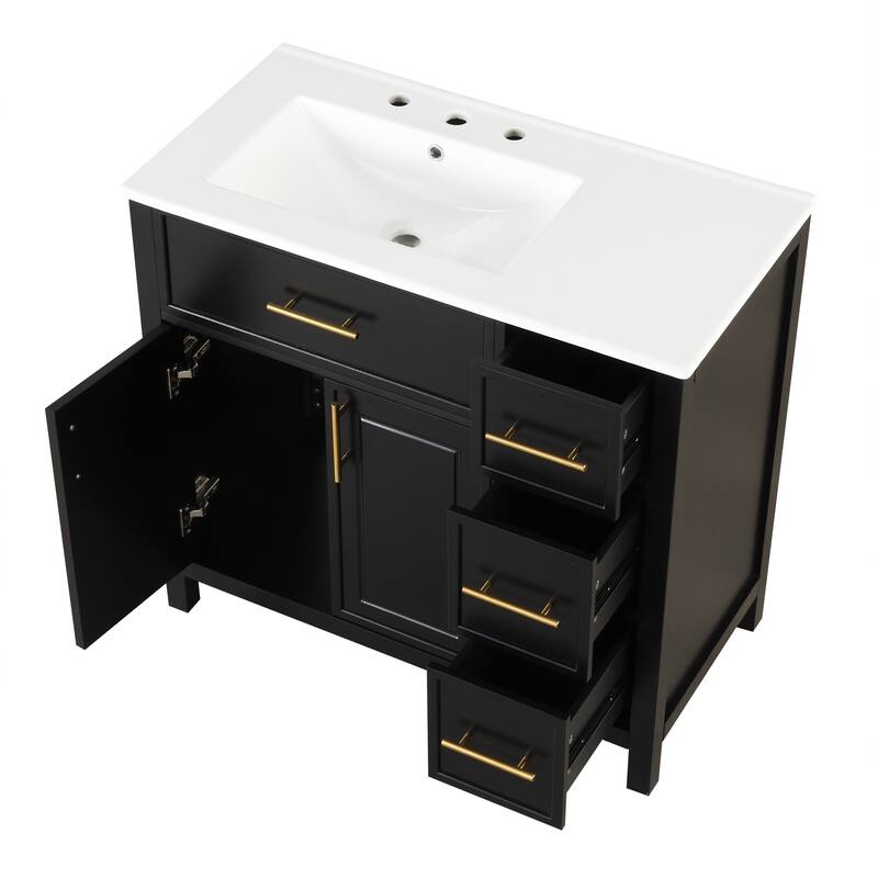 Roomfitters 36" Bathroom Vanity with Sink, Left-Side Basin, Solid Wood Frame, 2 Doors & 3 Drawers