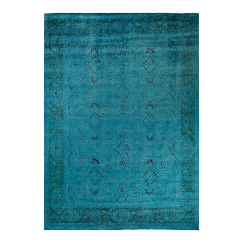 Overton Hand Knotted Wool Vintage Inspired Modern Contemporary Overdyed Blue Area Rug - 9' 2" x 12' 9"