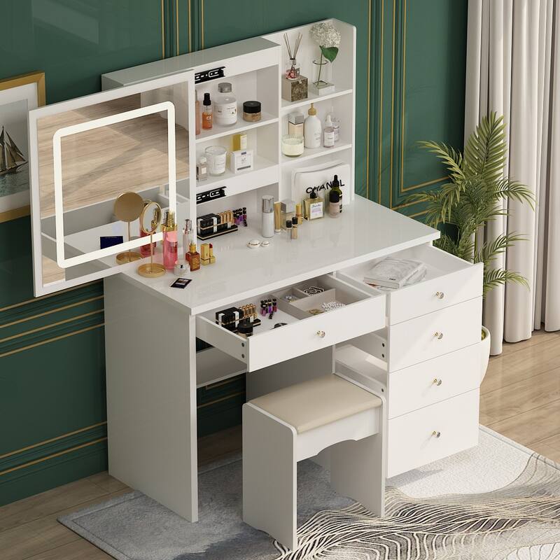 Timechee 39.4"Wide Makeup Vanity Set with Stool and Touching Light Mirror - 39.4"W