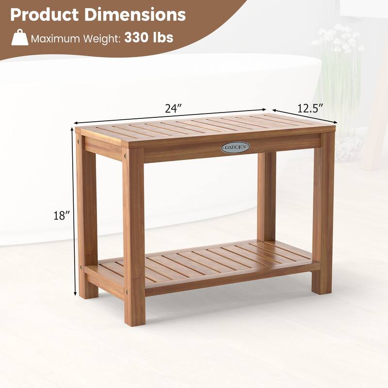 Gymax 24 Inch Teak Wood Shower Bench Inside Shower Stool w/ Storage