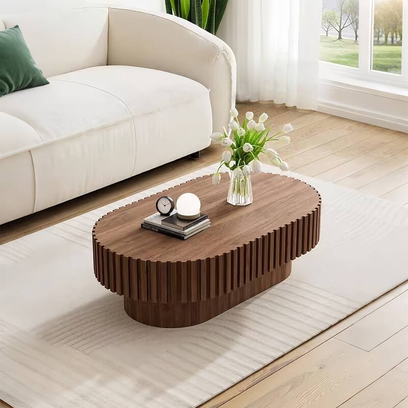 Oval Coffee Table for Living Room, Mid Century Modern Wooden Table with Pedestal, Unique Drum Tea Table Side Center Table
