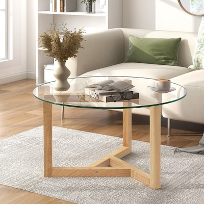 Modern Round Glass Coffee Table with Wood Tripod Base - Easy Assembly