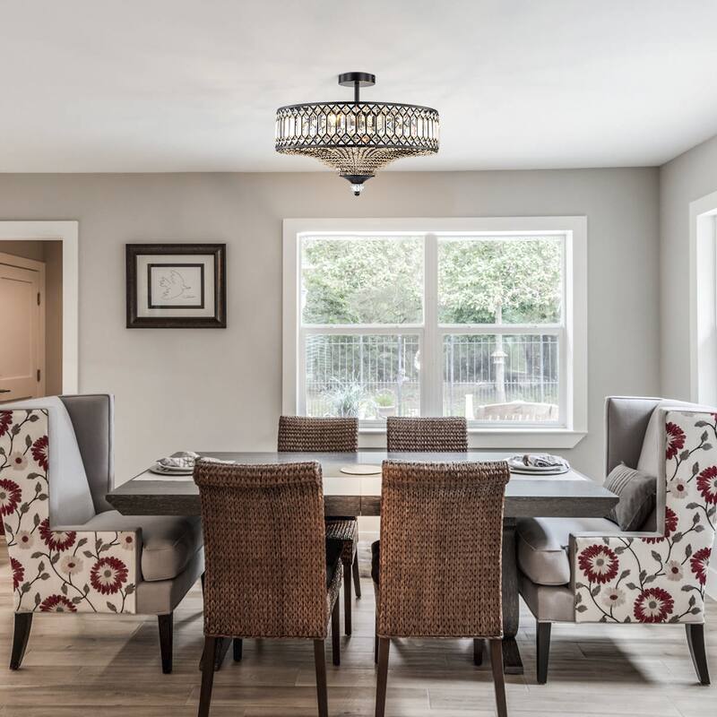 6 Light Matte Black Crystal Semi Flush Mount Ceiling Light Fixture - W19.6"