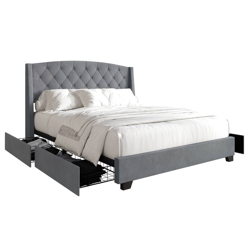 CraftPorch Classic Button Tufted Wingback Upholstered Bed with Drawers