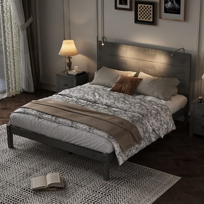 Farmhouse Wooden Platform Queen Size Bed, Modern Platform Bed with Two Bedside Lights