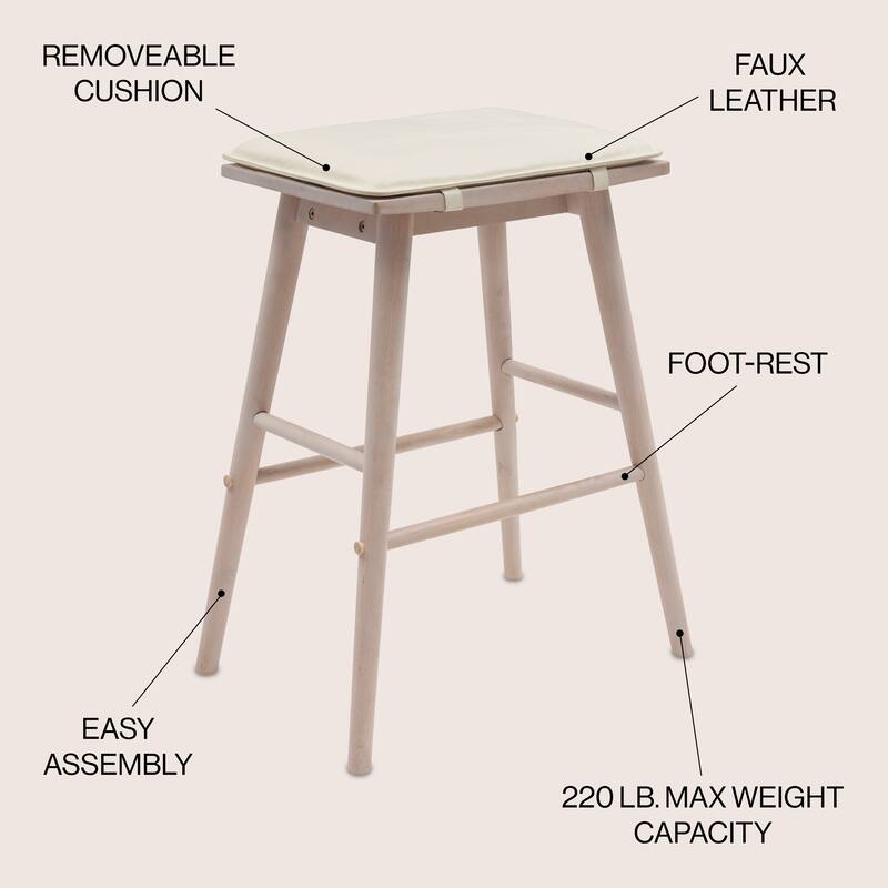 Saddle-Seat Backless Stool, Wood & Vegan Leather w/ Removable Cushion - JONATHAN Y