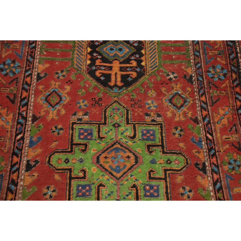 Hand Knotted Oriental 100% Wool Carpet Traditional Geometric Oranges & Rust Heriz Runner Rug - 10' 1'' X 3' 2''