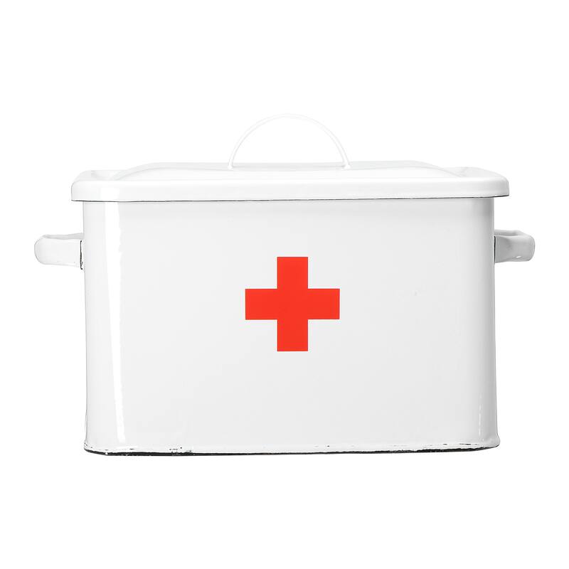 Enameled Metal First Aid Box with Lid and Swiss Cross