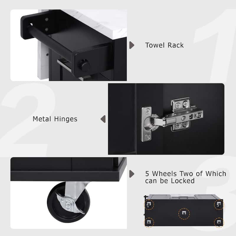 Vintage Rolling Kitchen Cart and Island with Drop Leaf, Tilt Trash Can Cabinet, 2 Drawers and 2-tier Pull-out Storage Organizer