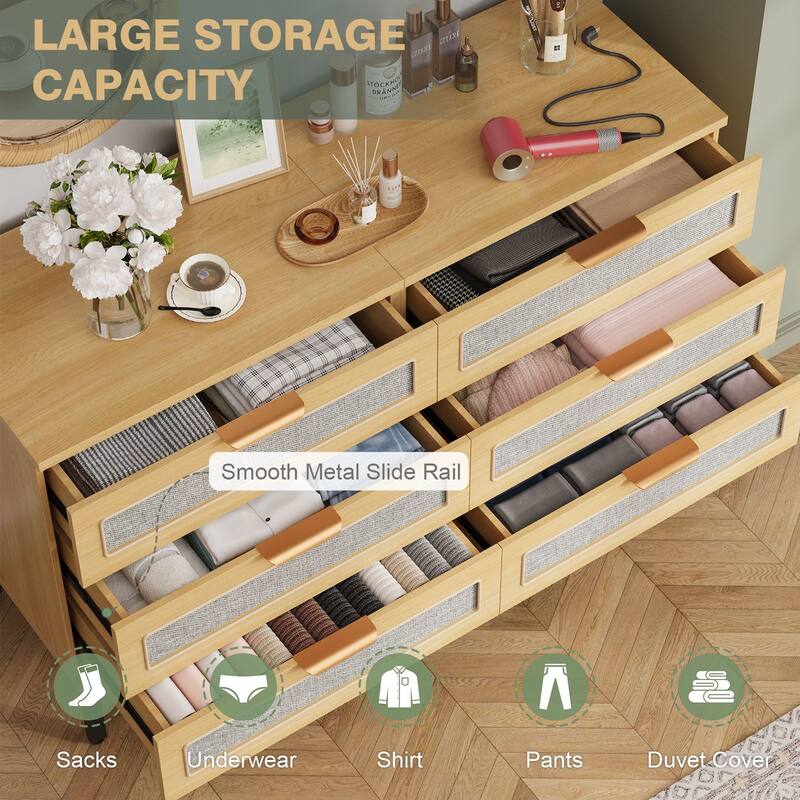 Gymojoy 47" 6 Drawer Rattan Dresser for Bedroom, Boho Farmhouse Wood Chest of Drawers with Metal Handles, Closet Organizer