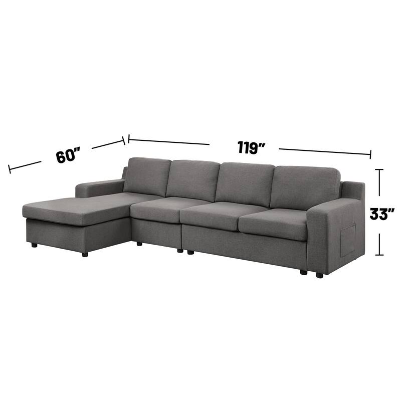 Linen 4-Seater Sectional Sofa Chaise with Pocket in Gray