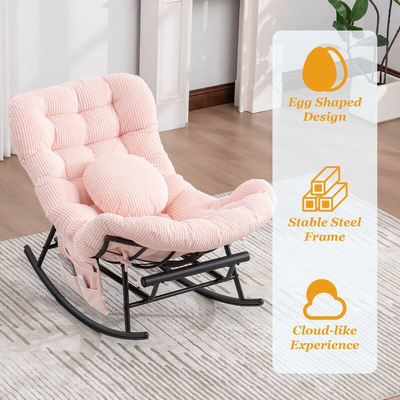 HOMEFUN Corduroy Upholstered Egg Shaped Design Steel Frame Rocking Chair with Side Pocket and Foot Pedal