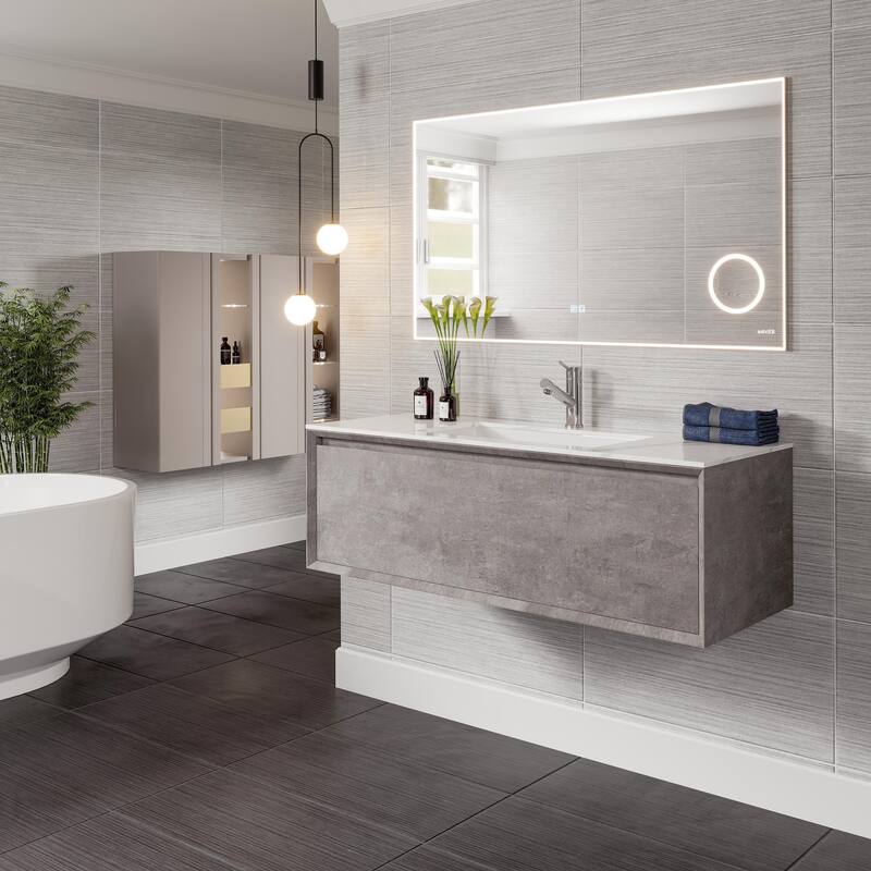 Aurora 36 in. Concrete Gray Wall Mount Single Sink Bath Vanity with Carrara Quartz Top and Undermount Porcelain Sink