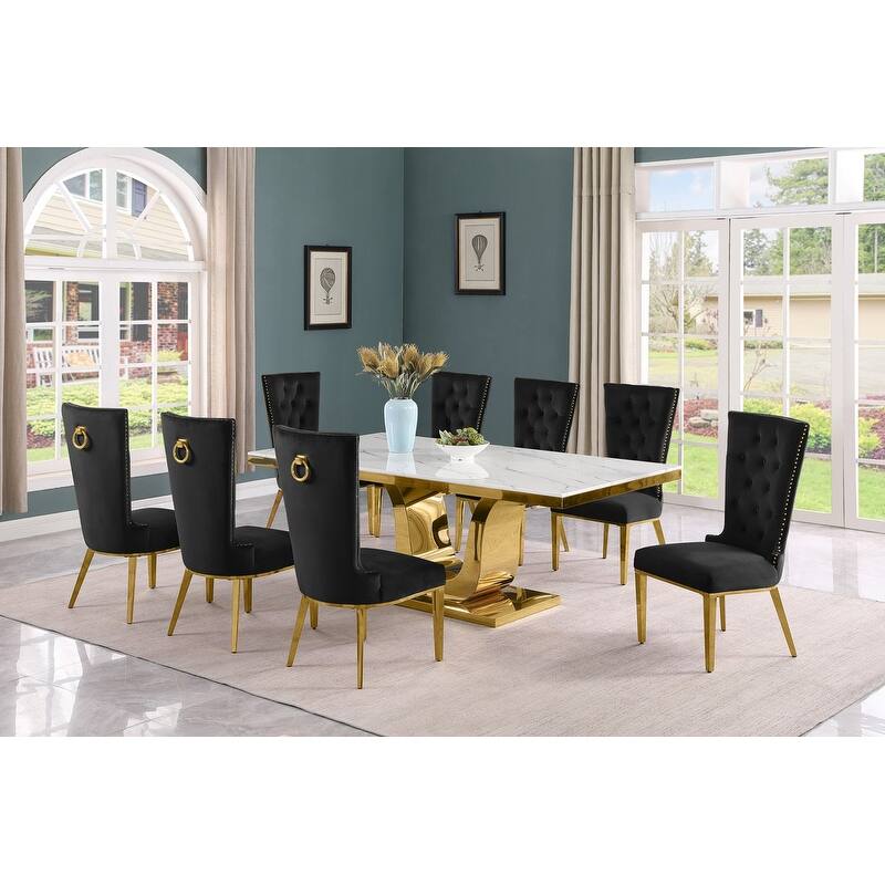 Best Quality Furniture D321-SC334-7 Dining Set with 78" White Marble Top - 9-Piece - Black / Gold
