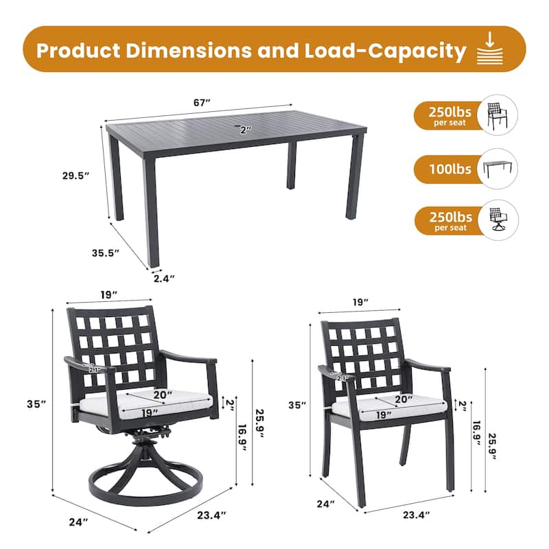 7 Piece All Weather Aluminum Patio Dining Furniture Set with Rectangular Table and 6 Chairs (4 Stationary, 2 Swivel Rockers)