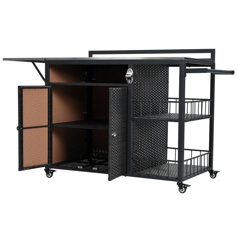 Outdoor Kitchen Cart w/ Foldable Steel Top, Lockable Wheels, PE Rattan