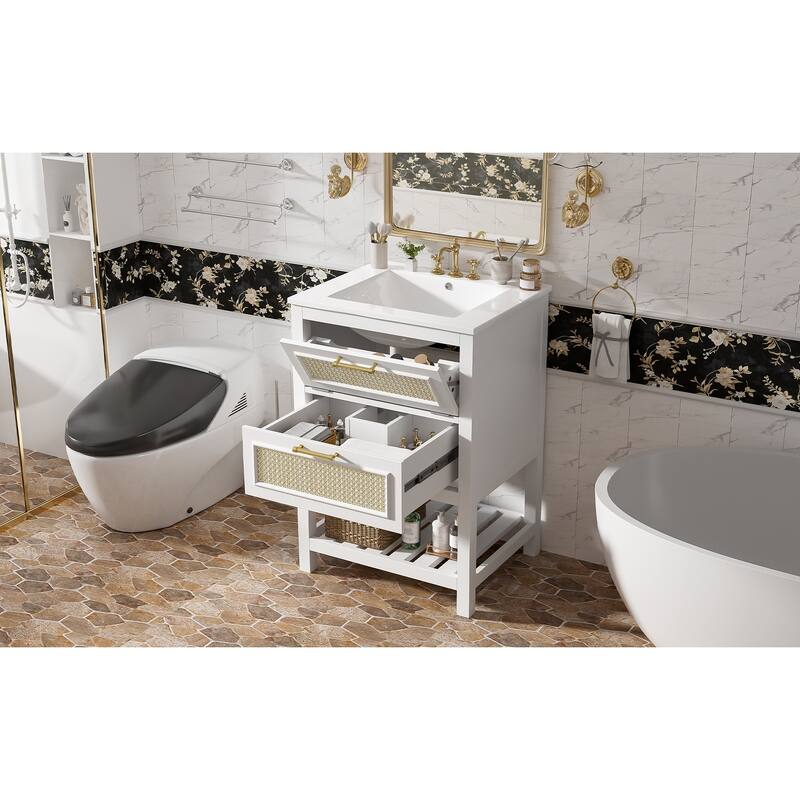 24"Bathroom Vanity with Integrated Ceramic Sink,Bathroom Cabinet with 1 Deep Drawer,1 Tip-Out Drawer,Single Sink Bathroom Vanity