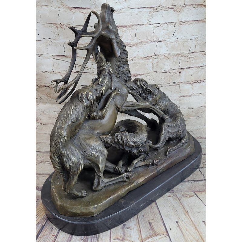 Elk Reindeer Attacked By Hunting Dogs Bronze Statue Sculpture Figure Barye 14 Inches X 16 Inches