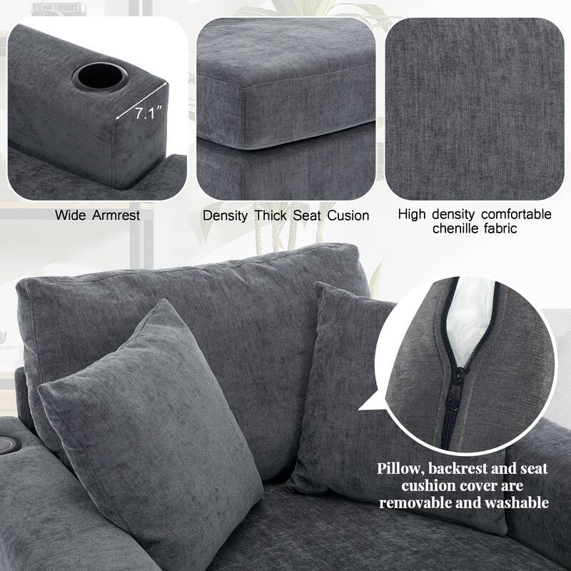 43.5" Chenille Fabric Chaise Lounger Sofa Couch with Pillows, Charge Station & Cup Holders