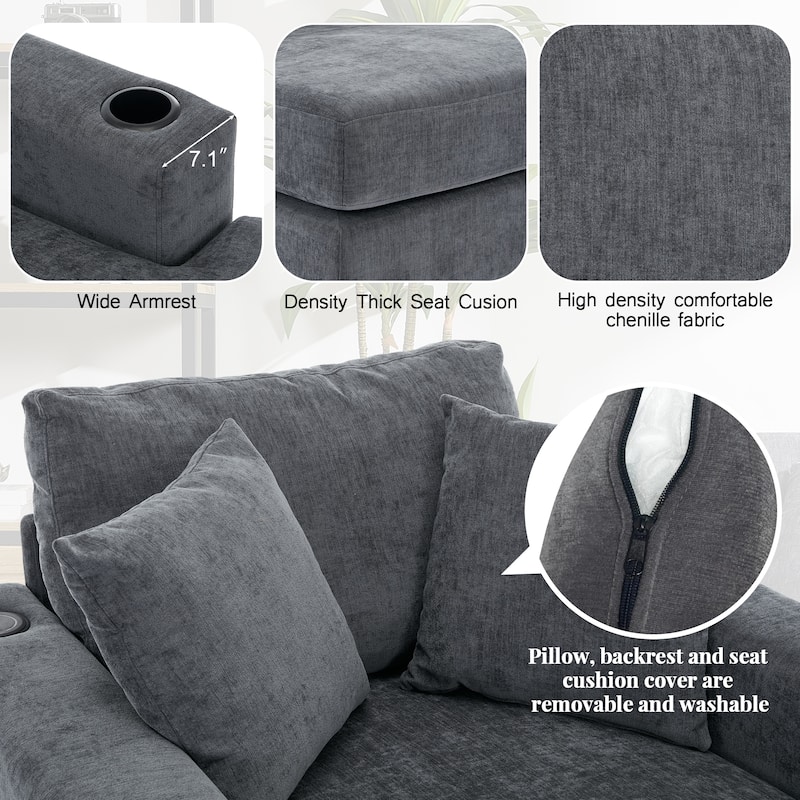 Oversized Chaise Lounger Modern Sofa Couch with Pillows, Charge Station & Cup Holders