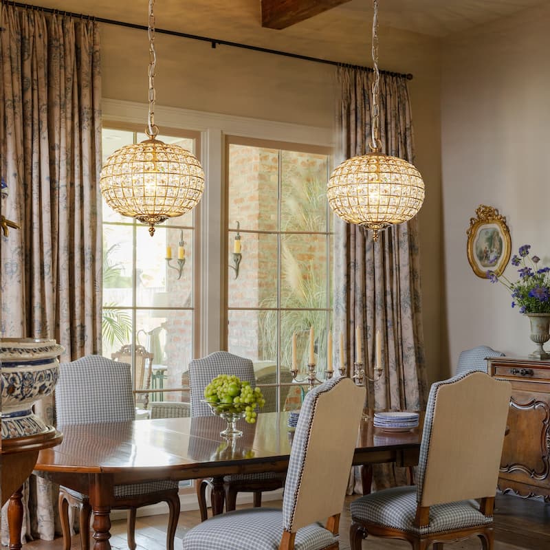 Retro French 4/5-Light Antique Brass Globe Crystal Chandelier for Living/Dining Room