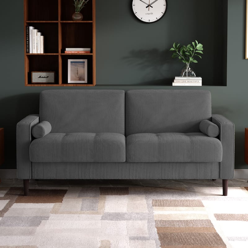 Modern Corduroy Upholstered 2 Seater Sofa with Bolster Pillows
