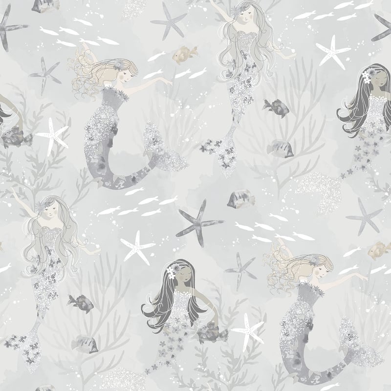 Galerie Wallcoverings Tiny Tots 2 Mermaids Non-woven Glittery Wallpaper Roll - 33 feet x 21 inches - Grey/Silver/Glitter