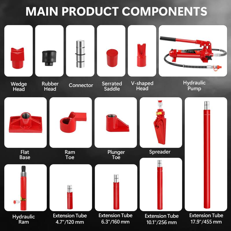 4 Ton Porta Power Kit, Portable Hydraulic Jack with 4.1 ft/1.25 m Oil Hose, 17 Pcs Hydraulic Ram, 8000 Lbs Capacity