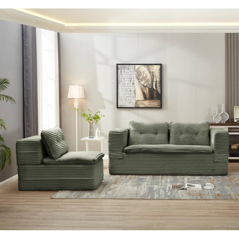 Sleeper Sofa with Chaise Lounge, Convertible Sectional Couch Bed, Corduroy 3-Seat Sofa, Folding Boneless Couch